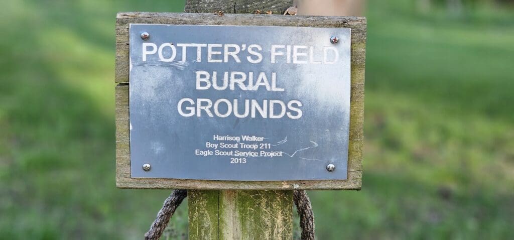 Historic Potter’s Field Burial Grounds sign at Riverside Cemetery in Kalamazoo, Michigan, Eagle Scout Service Project marker.