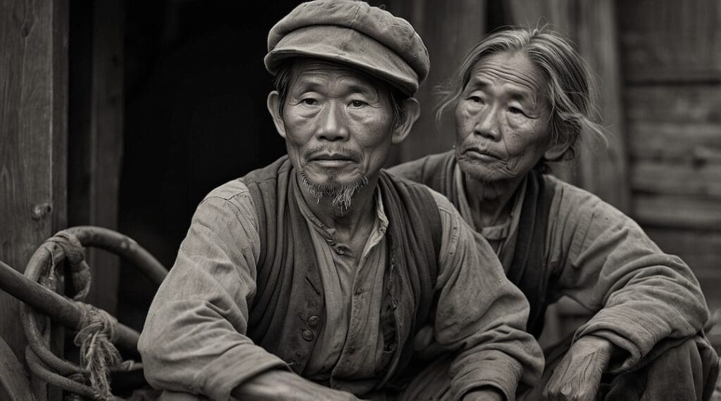 AI-generated historical portrait of a Chinese immigrant couple, created by David Anthony Taylor for Black Pearls of Genealogy, symbolizing family strength and migration history.