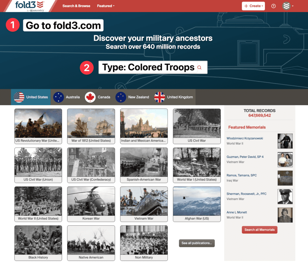 Fold3.com homepage showing how to search for United States Colored Troops records by typing “Colored Troops” in the search bar. Rich Keywords: Fold3 USCT search, United States Colored Troops records, Civil War military records, USCT pension files, Fold3 tutorial, how to search Fold3, African American soldiers Civil War, subscription genealogy sites, Black Pearls of Genealogy resources.