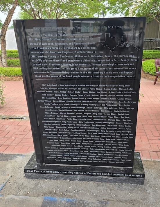 Kingstree SC memorial panels honoring 435 Freedmen relocated to Texas