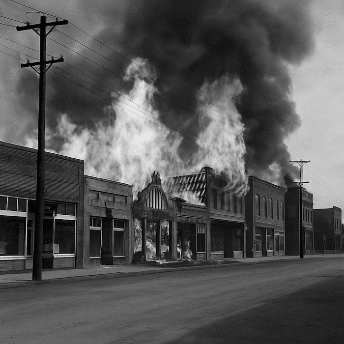 Burning buildings in Mound Bayou during 1941 fire that destroyed Black-owned businesses