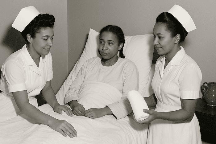Black nurses caring for a patient at Taborian Hospital in Mound Bayou, Mississippi, 1940s