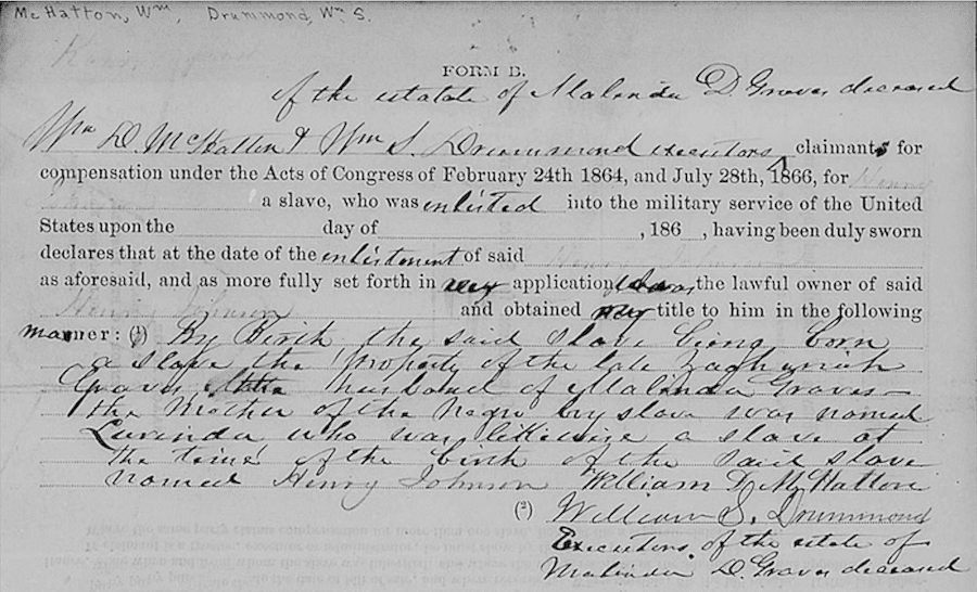 Compensated Emancipation claim form, Civil War records, slave enlistment compensation, African American genealogy, U.S. Colored Troops pension records, 1864–1866 Acts of Congress, estate of enslaver Malinda D. Grove.