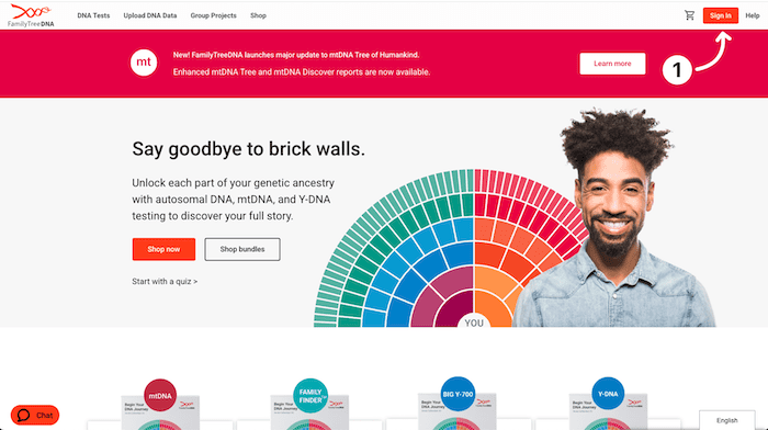 FamilyTreeDNA homepage showing DNA testing bundles for autosomal DNA, mtDNA, and Y-DNA to connect with genealogy resources.