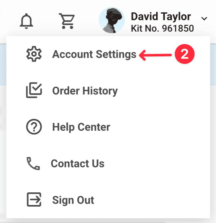 FamilyTreeDNA account settings dropdown showing how to access order history, help center, and account connection options.