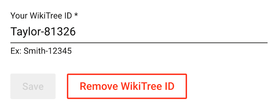 FamilyTreeDNA interface showing option to remove a WikiTree ID connection.