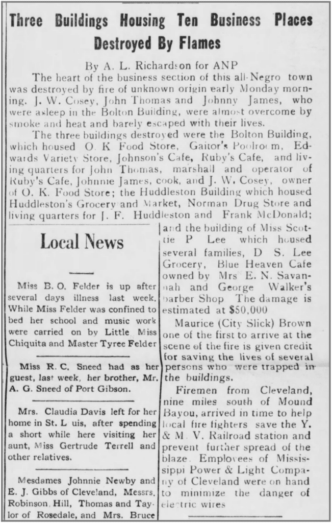 Newspaper clipping reporting 1941 fire in Mound Bayou, Mississippi