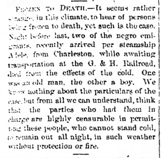 1867 newspaper clipping reporting deaths from cold among Freedmen arriving in Texas by the Steamship Adele