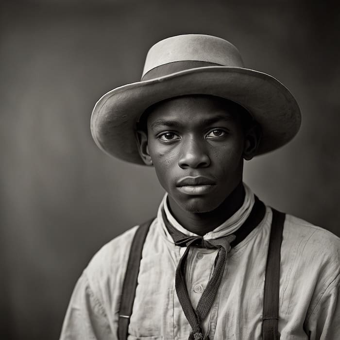 Portrait of African American man in wide-brimmed hat symbolizing enslaved and freed laborers.