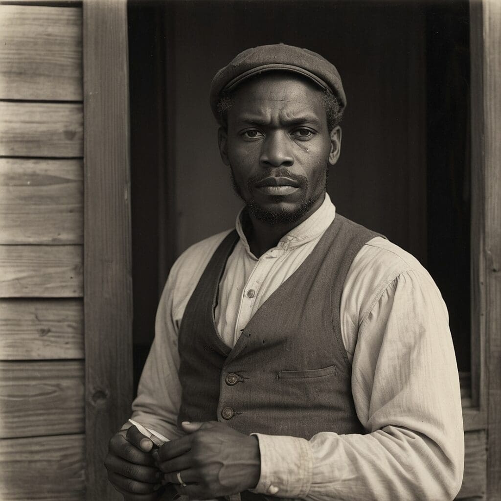 AI-generated portrait of an African American man at a wooden door, created by David Anthony Taylor for Black Pearls of Genealogy, symbolizing labor, heritage, and family identity for the WikiTree US Black Heritage Project.
