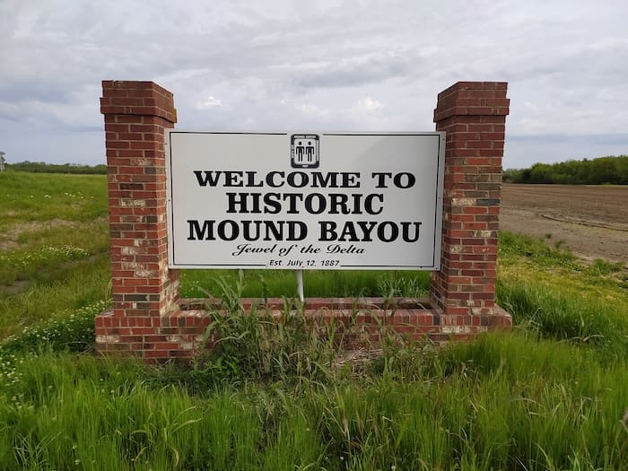 Historic Mound Bayou welcome sign, Jewel of the Mississippi Delta, established 1887