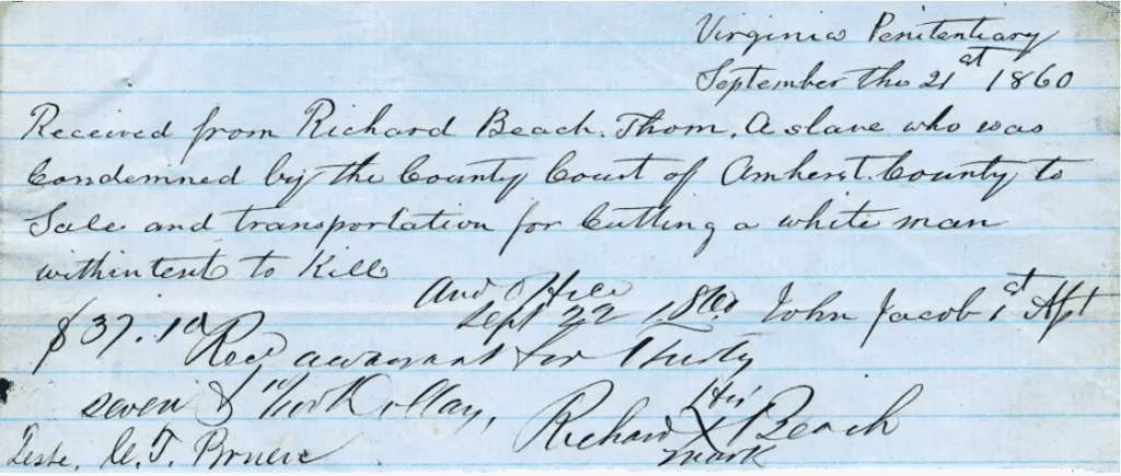 1860 Virginia penitentiary receipt, Richard Beach slave case, Amherst County public claims, antebellum legal records.