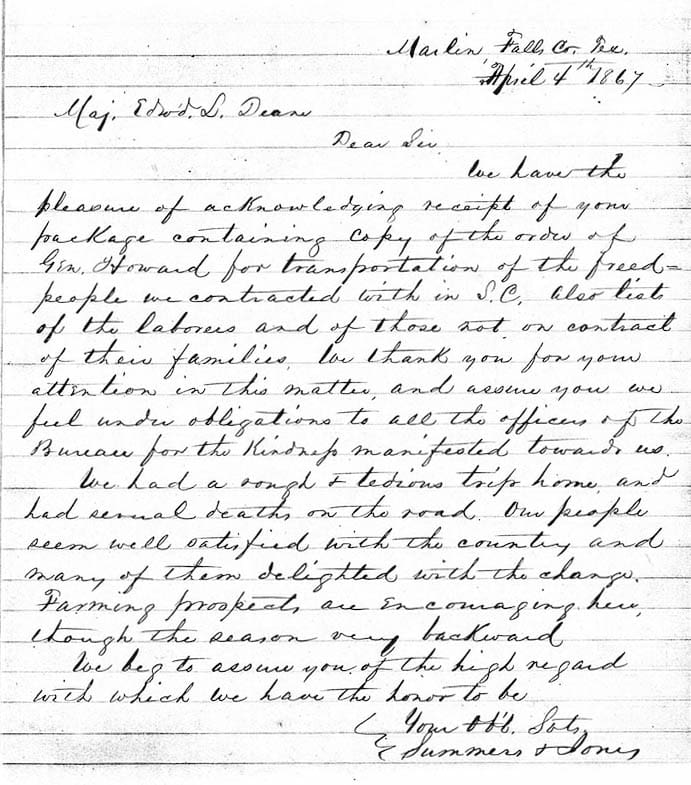 Freedmen’s Bureau correspondence confirming arrival and settlement of 435 freed families from Kingstree SC in Marlin, TX.
