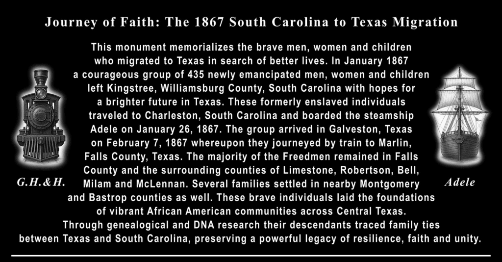 Journey of Faith 1867 South Carolina to Texas migration plaque at Marlin Memorial, commemorating freed families’ arrival.
