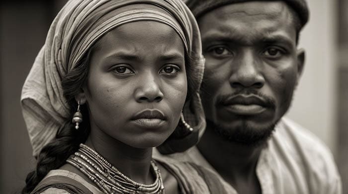 AI-generated portrait of an African woman and man, created by David Anthony Taylor for Black Pearls of Genealogy, symbolizing South American genealogy and ancestral research on FamilySearch Wiki.