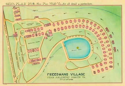 Historic 1868 map of Freedman’s Village near Arlington Heights, Virginia, from the Library of Congress. Rich Keywords: Freedman’s Village map, 1868 Arlington Virginia, Library of Congress archives, Freedmen’s Bureau, Reconstruction settlements, African American history, post-Civil War communities, Arlington House history, freedpeople housing, Arlington National Cemetery origins, George Washington Parke Custis estate.