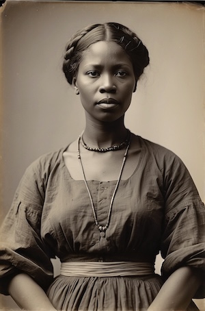 AI-generated portrait of an African American woman, symbolizing strength and resilience, featured on the Black Pearls of Genealogy Virginia M1913 Freedmen’s Bureau Records page.