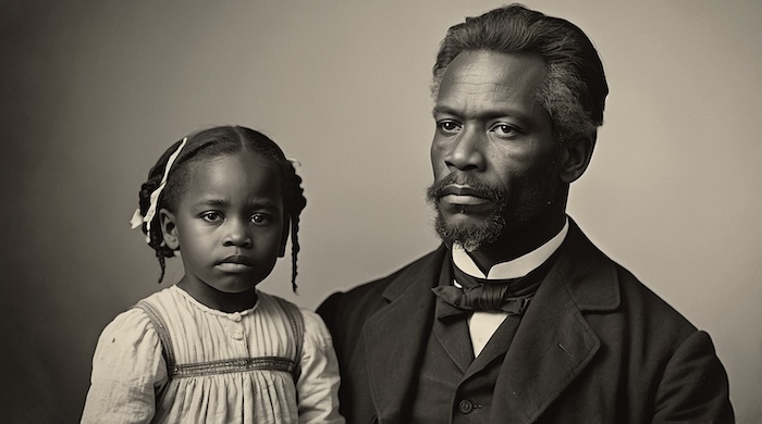 "AI portrait of African American father and daughter, symbolizing resilience and family history, created by David Anthony Taylor for Black Pearls of Genealogy – Missouri M1908 Keywords South Missouri Freedmen’s Bureau M1908 African American genealogy Missouri Freedmen’s Bureau family records Missouri Reconstruction archives Black Pearls of Genealogy M1908 Freedmen’s Bureau labor contracts Missouri African American father and child historyFreedmen’s Bureau Records."