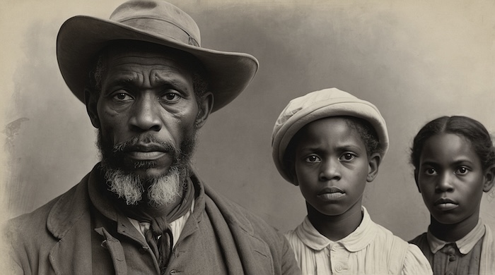 AI-generated historical portrait of an African American freedman with two children, symbolizing Louisiana Freedmen’s Bureau M1905 records — created by David Anthony Taylor, Black Pearls of Genealogy SEO Keywords Louisiana Freedmen’s Bureau Records M1905 Louisiana genealogy African American Black Pearls of Genealogy Louisiana archives Freedmen’s Bureau labor contracts Louisiana African American family history Louisiana Louisiana Reconstruction genealogy records Louisiana Freedmen field offices