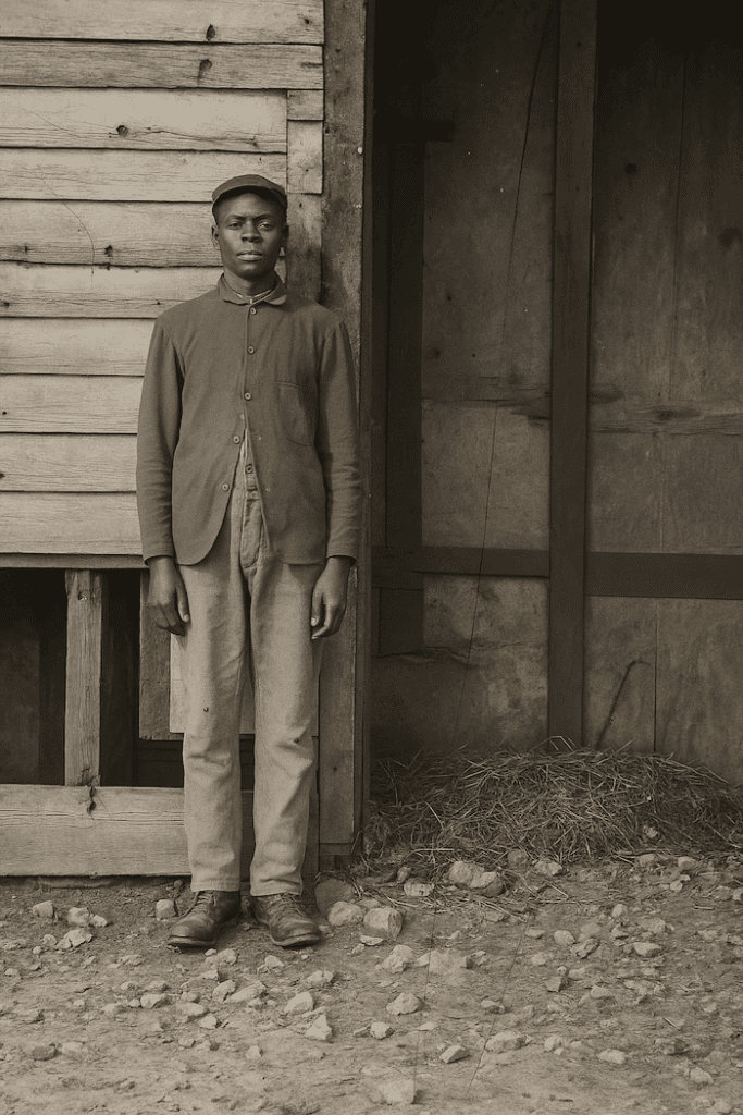 AI-generated portrait of an African American man in simple 19th-century clothing, symbolizing United States Colored Troops (USCT) soldiers and freedmen during the Civil War. Rich Keywords: United States Colored Troops, USCT soldiers, Civil War Black soldiers, African American military history, Reconstruction era, emancipation, David Anthony Taylor, AI-generated historical image, Black Pearls of Genealogy, Union Army Black troops.