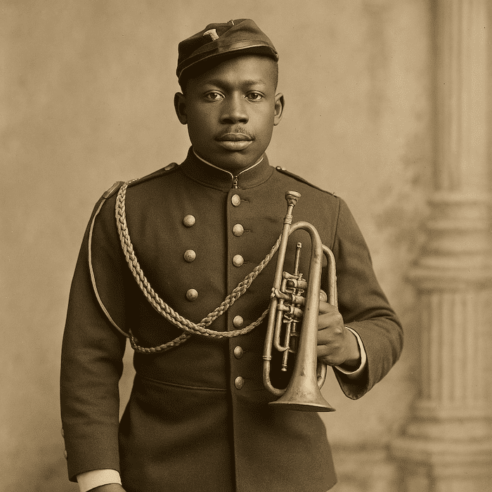 United States Colored Troops (USCT) Civil War bugler—Black Union musician holding a cornet; FamilySearch USCT records and free genealogy index.