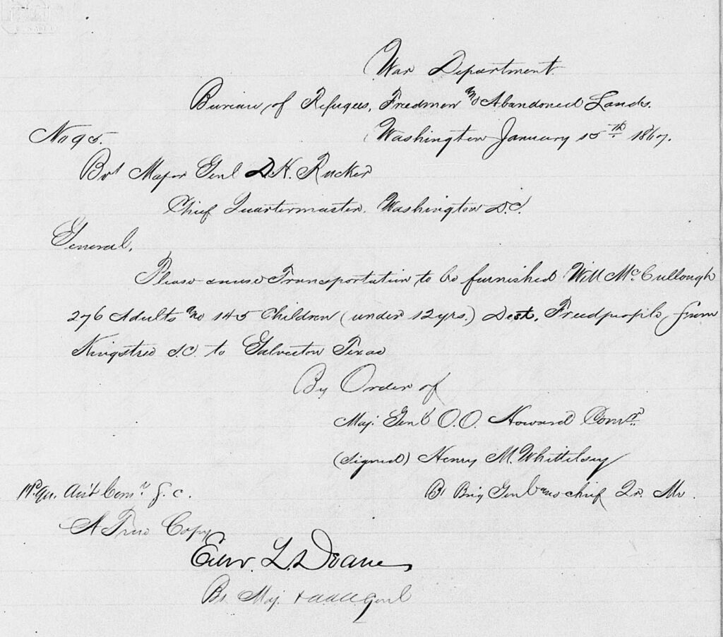 Handwritten 1867 Freedmen’s Bureau petition from Kingstree SC requesting transport to Galveston TX.