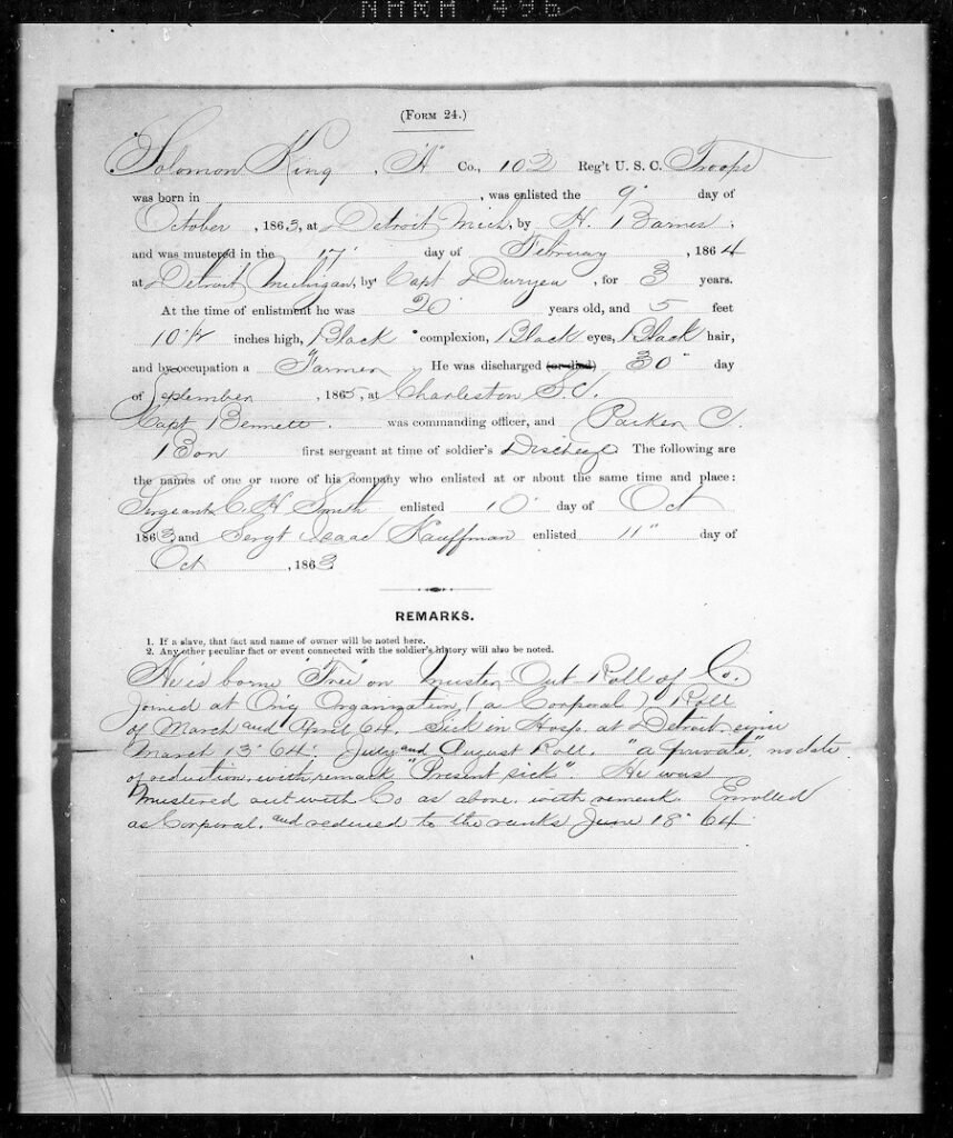 Freedmen’s Bureau M2029 record from FamilySearch showing a military pension file for Solomon King, Private, 102nd U.S. Colored Troops. Keyword-Rich Terms Freedmen’s Bureau M2029 records FamilySearch African American genealogy 102nd USCT pension record Solomon King Civil War soldier African American military claims U.S. Colored Troops records genealogy Freedmen’s Bureau pensions and bounty claims Black Civil War soldiers records Military service genealogy African Americans Freedmen’s Bureau records FamilySearch
