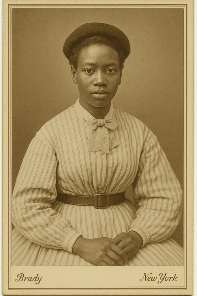 AI-generated portrait of an African American woman in 19th-century clothing, symbolizing the wives and widows of Civil War veterans who applied for pensions. Keywords: Civil War widows pensions, African American women history, United States Colored Troops families, AI-generated historical image, David Anthony Taylor, Black Pearls of Genealogy, genealogy research, African American pension files, Reconstruction era women, Civil War family records.