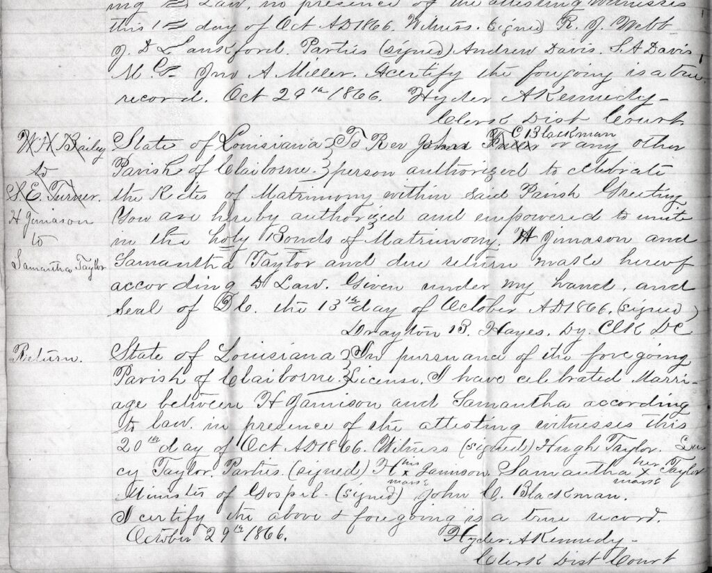 Handwritten 1866 marriage record of Samantha Taylor, formerly enslaved, and Henderson Jamison from Claiborne Parish, Louisiana. Keywords: Samantha Taylor marriage record, Henderson Jamison, formerly enslaved marriage records, Claiborne Parish Louisiana 1866, African American genealogy, Freedmen’s Bureau marriages, Civil War pension proof of marriage, Reconstruction era family records, Black marriage documentation, African American heritage research.