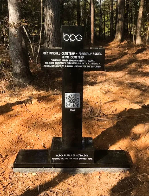 Black Pearls of Genealogy cross memorial at Old Pinehill Cemetery, formerly Adkins Slave Cemetery, in Claiborne Parish, Louisiana, honoring the enslaved individuals buried there.
