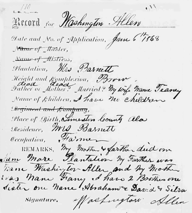 Freedman’s Bank record of Washington Allen, dated January 6, 1868, listing family details, birthplace, and occupation. Freedman’s Bank records, Freedman’s Savings and Trust Company, Washington Allen, Limestone County Alabama genealogy, African American genealogy, Reconstruction records, formerly enslaved families, U.S. Colored Troops era, Black family history, National Archives RG 101, Black Pearls of Genealogy.