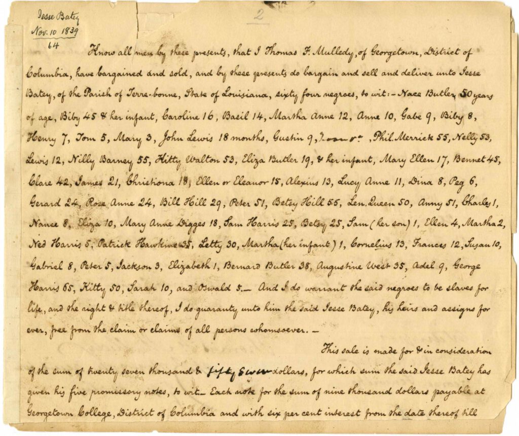 1838 Georgetown Jesuit Bill of Sale listing enslaved families, Jesuit slavery records, Georgetown University slave sale, names of enslaved people sold.