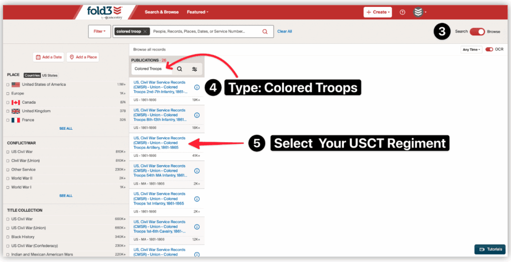 Screenshot of Fold3.com search results for “Colored Troops,” showing compiled military service records of United States Colored Troops (USCT). Rich Keywords: Fold3 USCT records, United States Colored Troops service records, Civil War pension files, military genealogy, USCT regimental history, Fold3 search tutorial, African American Civil War records.