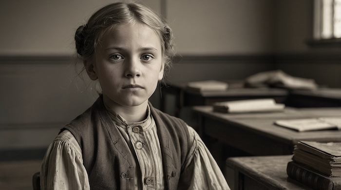 AI-generated portrait of a poor white child in a 19th-century classroom, symbolizing students who attended Freedmen’s Bureau schools under the Superintendents of Education. Rich Keywords: Freedmen’s Bureau schools, Superintendents of Education, Reconstruction education, AI-generated historical image, David Anthony Taylor, poor white child in classroom, African American history, post-Civil War schooling, Bureau of Refugees Freedmen and Abandoned Lands, Black Pearls of Genealogy.