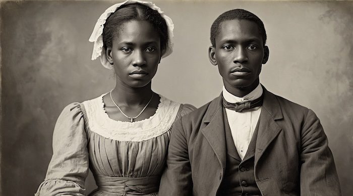AI-generated portrait of an African American couple in 19th-century attire, representing residents of Freedman’s Village during Reconstruction. Rich Keywords: Freedman’s Village, Freedmen’s Bureau, Reconstruction era, African American couple, AI-generated historical image, David Anthony Taylor, emancipation history, post-Civil War communities, African American resilience, Black heritage, freedpeople portraits.