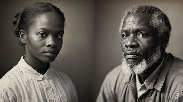 A solemn portrait of an African American woman and man in Reconstruction-era attire, symbolizing the depositors of the Freedman’s Savings and Trust Company. Freedman’s Bank, Freedman’s Savings and Trust Company, African American genealogy, Reconstruction era, formerly enslaved families, Black history, financial independence, generational wealth, Freedmen depositors, Black Pearls of Genealogy, AI historical portrait, David Anthony Taylor.