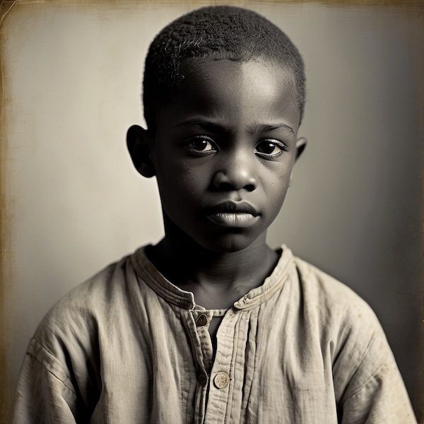 AI-generated portrait of African American boy, enslaved child recorded in Adams County Mississippi slave certificates, genealogy records of African American families, Black history.