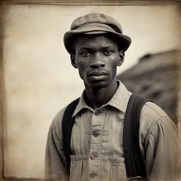 AI-generated portrait of young African American man, enslaved laborer in Adams County Mississippi, genealogy research slave certificates, 19th century Black history documentation.