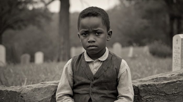 AI-created image of African American boy in historic cemetery with weathered gravestones, by David Anthony Taylor, symbolizing ancestral heritage.