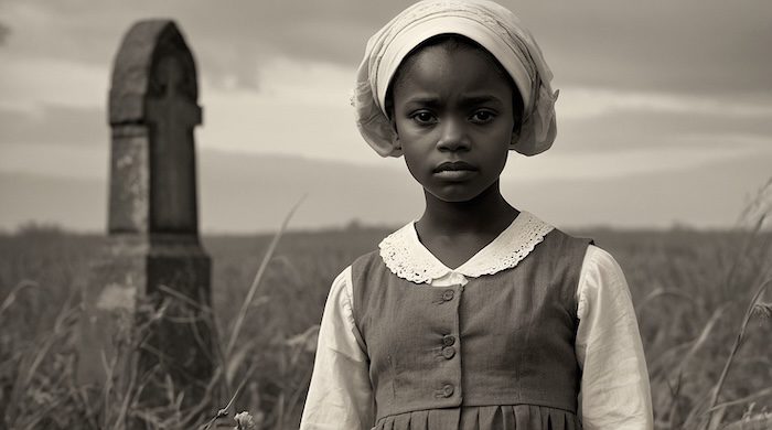AI-generated African American girl beside historic headstone in Black cemetery, created by David Anthony Taylor, symbolizing remembrance and heritage.