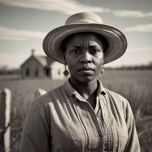 AI-generated image of African American woman near historic church and cemetery, created by David Anthony Taylor for Black Pearls of Genealogy.
