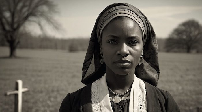AI-generated portrait of African American woman in historic cemetery with wooden cross grave marker, created by David Anthony Taylor for Black Pearls of Genealogy.