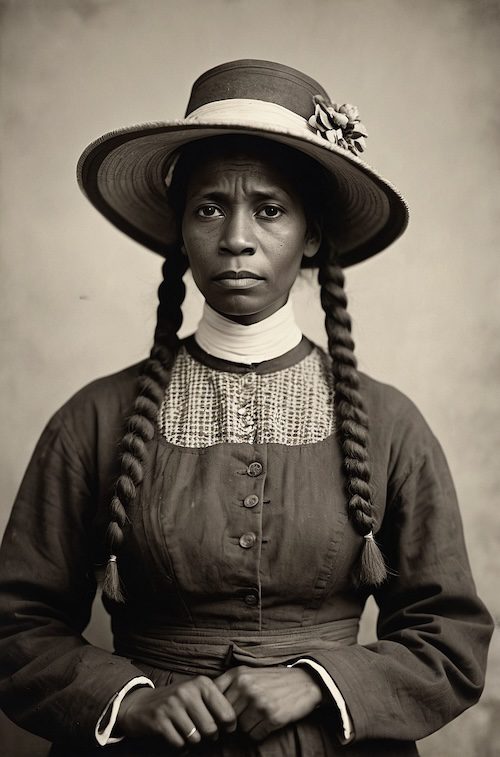 AI-generated portrait of African American widow with braids and straw hat, AI African American widow image, Civil War pensions, Reconstruction widows, military widow claims, Black Pearls of Genealogy.