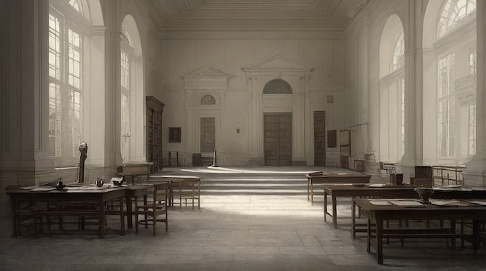 19th-century courthouse interior representing courtrooms where free Negroes registered their freedom papers; archival research genealogy resource.