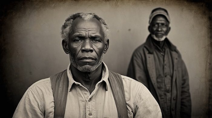 AI-generated portrait created by David Anthony Taylor for Black Pearls of Genealogy, depicting African American men to represent slavery and bondage in the Southern United States.