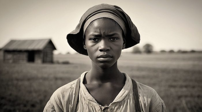 Black and white portrait of a young African American girl in work clothes and headscarf, symbolizing an enslaved youth at St. Thomas Manor Plantation in Charles County, Maryland.