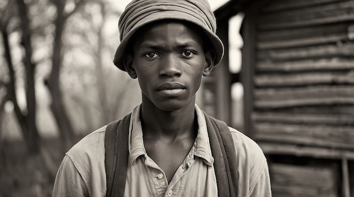 Black and white portrait of a young African American boy wearing a hat and work shirt, symbolizing an enslaved youth at St. Inigoes Plantation, St. Mary’s County, Maryland.