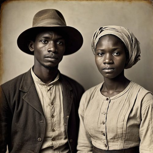 AI-generated African American homestead family portrait, post-emancipation Black settlers, Reconstruction farming couple, African American land ownership, Black Pearls of Genealogy.