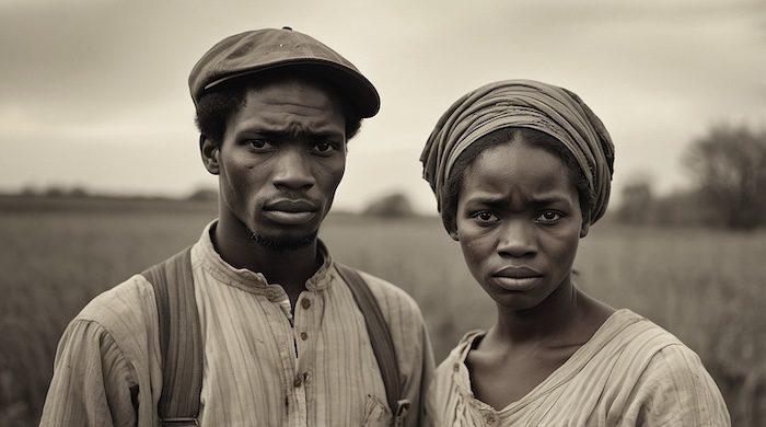 AI-generated historical portrait of African American couple, Cohabitation Records, enslaved family documentation, genealogy resources, Black Pearls of Genealogy.