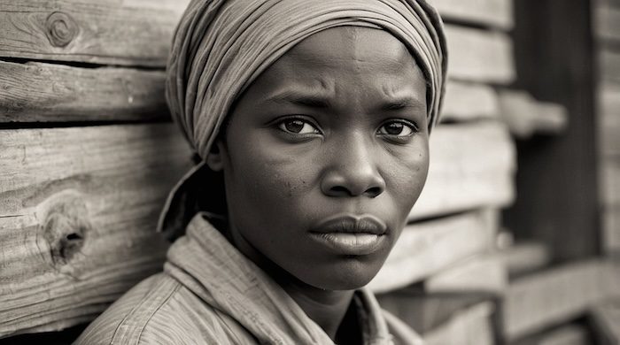 AI-generated portrait of an enslaved African American woman at Newtown Manor Plantation, Jesuit sale history, Georgetown slavery, Maryland plantation archives, Black genealogy, sugar plantation labor.